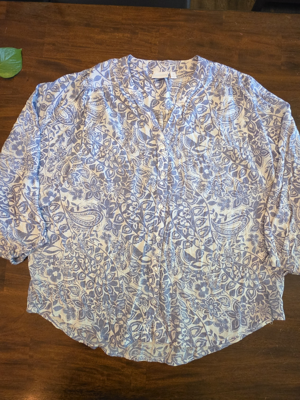 Zac & Rachel Blue & White Paisley Floral Split-V Neck Blouse Top